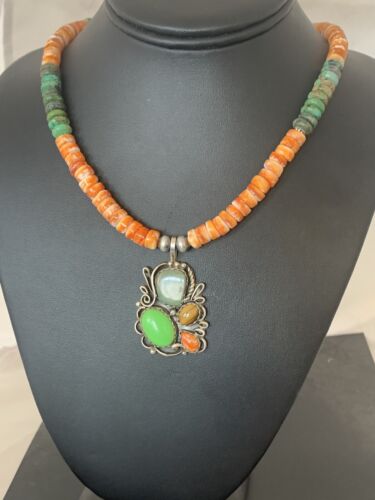 Navajo Green Turquoise and Spiny Bead Necklace Pendant | Sterling Silver | Authentic Native American Handmade | 573