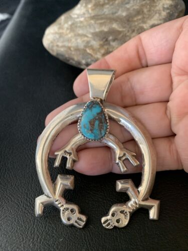 Navajo Bisbee Turquoise Naja Pendant | Sterling Silver | Men's Native American Handmade Necklace | 13796