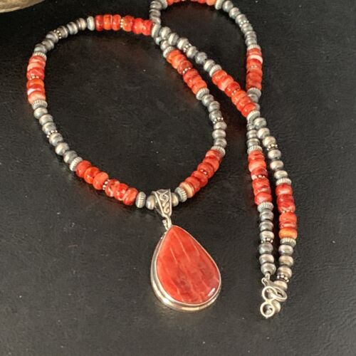 Navajo Red Spiny Oyster Necklace | Sterling Silver Pendant | Authentic Native American Handmade | Men's | 13815