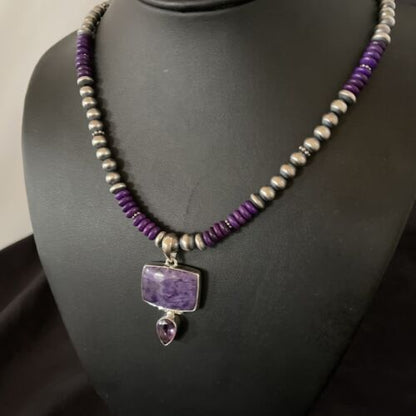 Navajo Pearls Necklace with Purple Sugilite Pendant | Sterling Silver | Multi-Stone | 11333