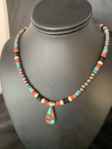 Navajo Multi-Color Turquoise Onyx Inlay Pendant Necklace | Sterling Silver | Authentic Native American Handmade | 13799