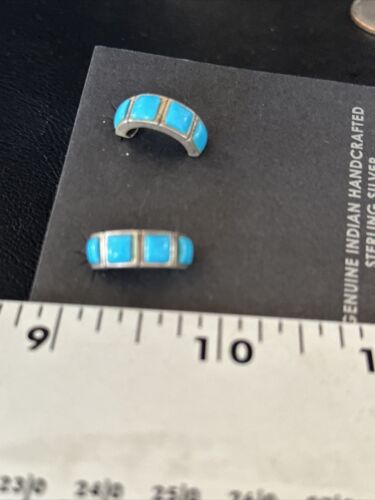 Navajo Blue Turquoise Inlay Earrings | Sterling Silver | 1" | Authentic Native American Handmade | 14776