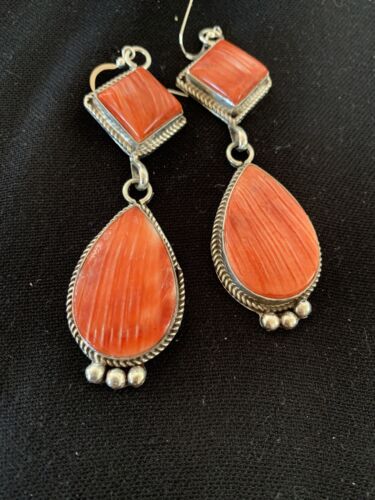 Navajo Red Spiny Oyster Dangle Earrings | Sterling Silver | Authentic Native American Handmade | 203
