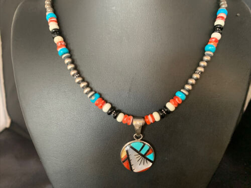 Zuni Multi-Color Turquoise Onyx Necklace | Sterling Silver Inlay Pendant | Authentic Native American Handmade | 13800
