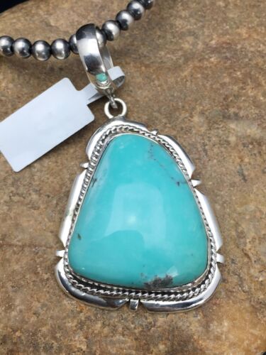 Men's Blue Turquoise Pendant | Navajo Pearls Sterling Silver Necklace | Authentic Native American Handmade | 3915