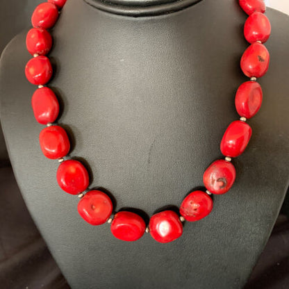 Native American Navajo Red Coral Bead Necklace | Sterling Silver | 18" | 13408 - Masha USA