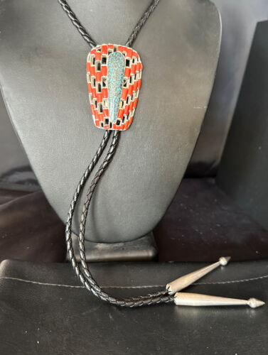 Ultra Rare Native American Men's Bolo Tie | Blue Kingman Turquoise & Coral | Sterling Silver | 14225