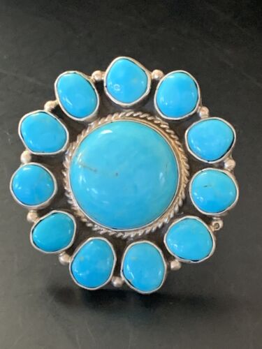 Navajo Blue Kingman Turquoise Cluster Ring | Authentic Native American Sterling Silver | Multi-Stone | Sz 7.5 | 11529
