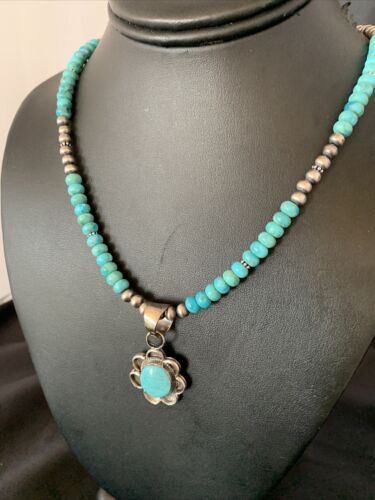 Navajo Blue Turquoise Pendant Necklace | Sterling Silver Pearls | Authentic Native American Handmade | 13216