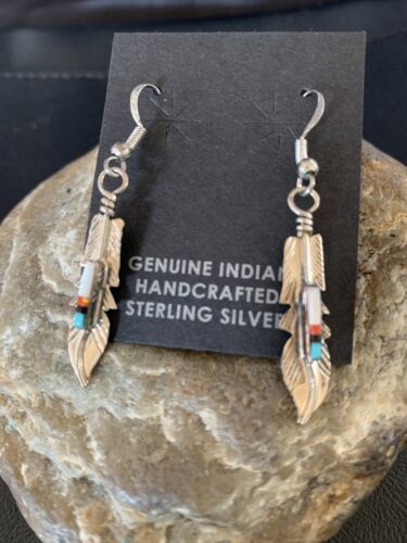 Navajo Coral Inlay Feather Earrings | Sterling Silver | Authentic Native American Handmade | 13065