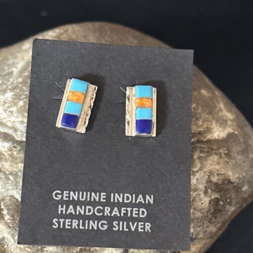 Navajo Multi-Color Turquoise Spiny Lapis Inlay Earrings | Sterling Silver | Authentic Native American Handmade | 14652