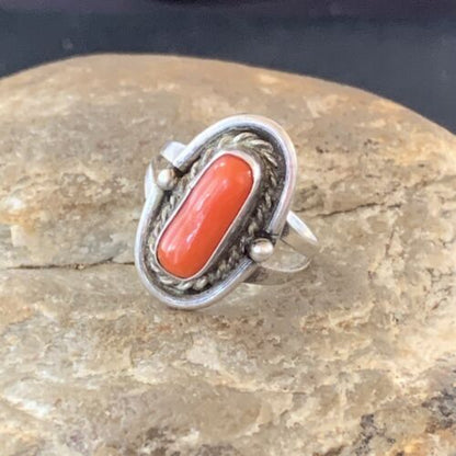 Native American Old Pawn Navajo Red Coral Ring | Sterling Silver | Sz 6 | 10368