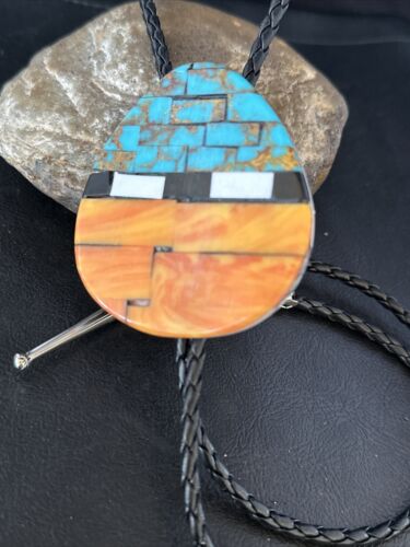 Men's Santo Domingo Bolo Tie | Turquoise & Spiny Oyster | Sterling Silver Tips | 14631