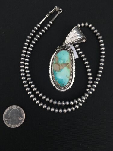 Royston Turquoise Pendant | Navajo Pearls Sterling Silver Necklace | Authentic Native American Handmade | 4820