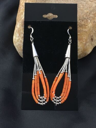 Native American Liquid Silver Heishi Dangle Earrings | Orange Coral | Sterling Silver | 2" | 2033