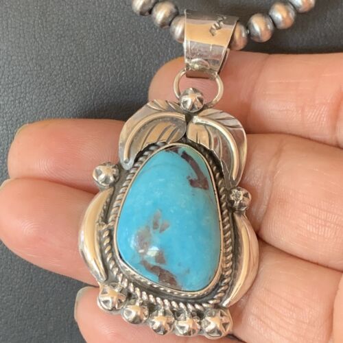 Men's Navajo Pearls Necklace | Sterling Silver Blue Kingman Turquoise Pendant | Native American | 12598