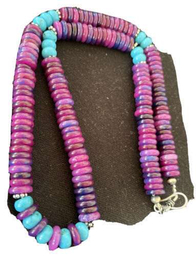 Navajo Sterling Silver Necklace | Purple Sugilite & Turquoise Beads | Authentic Native American Handmade | 21" | 1170