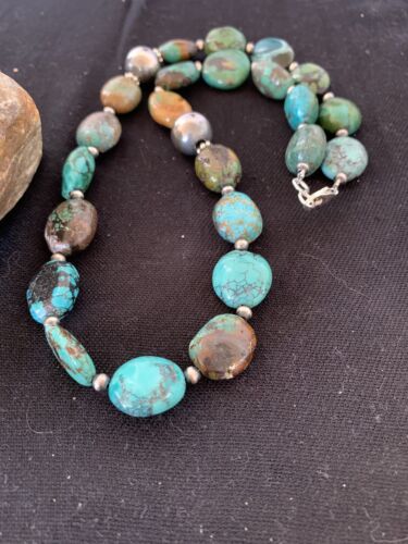 Authentic Native American Navajo Sterling Silver Spiderweb Turquoise Graduated Nugget Necklace | 20" | 229