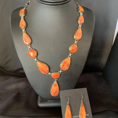 Navajo Lariat Necklace with Orange Spiny Oyster Earrings | Sterling Silver Pendant | 20" | Authentic Native American Handmade | 13882