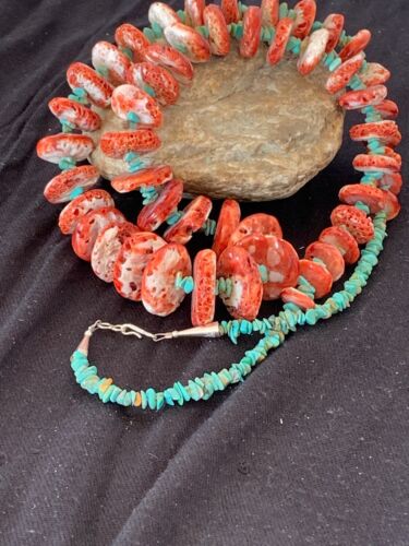 Native American Navajo Red Spiny Oyster & Turquoise Necklace | Sterling Silver | 34" Graduated | 4679