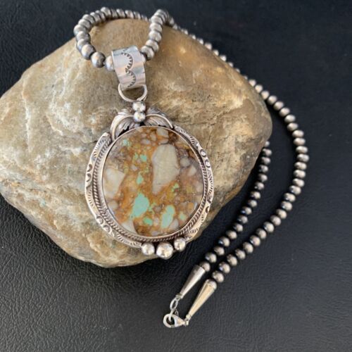 Men's Navajo Boulder Turquoise Pendant Necklace | Sterling Silver | Authentic Native American Handmade | 13658