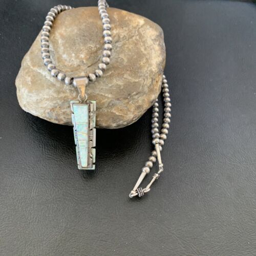 Navajo White Opal Inlay Pendant | Sterling Silver | 2" | Authentic Native American Handmade | 10917