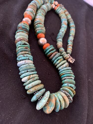 Navajo Graduated Green Turquoise Necklace | Sterling Silver |Authentic Native American | 21" | 00798