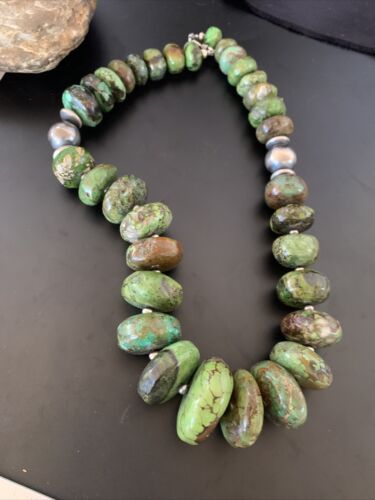 Navajo Chunky Graduated Green Turquoise Necklace | Sterling Silver | Authentic Native American | 19" | 11358