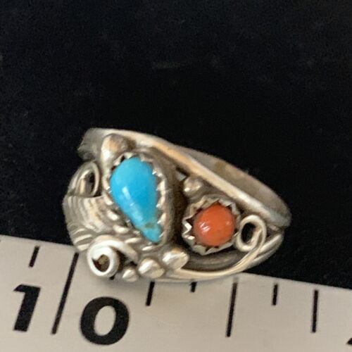 Navajo Blue Kingman Turquoise Coral Ring | Authentic Native American Sterling Silver | Multi-Stone | Sz 6.5 | 13575