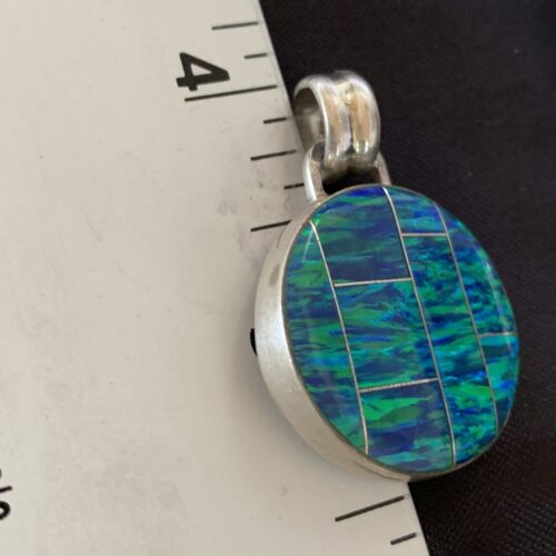 Authentic Native American Navajo Sterling Silver Blue Fire Opal Inlay Pendant | Handmade Jewelry | 13143
