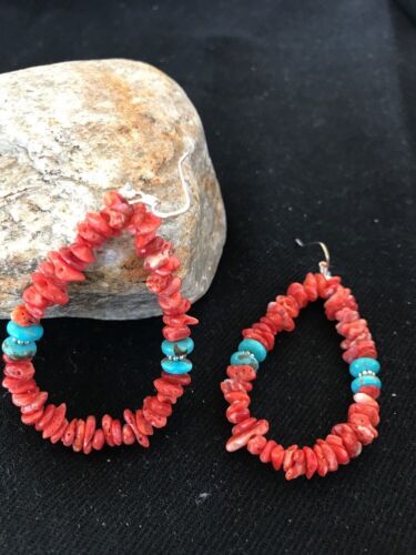 Navajo Sterling Silver Turquoise Spiny Oyster Earrings | 2" | Authentic Native American Handmade | 2038