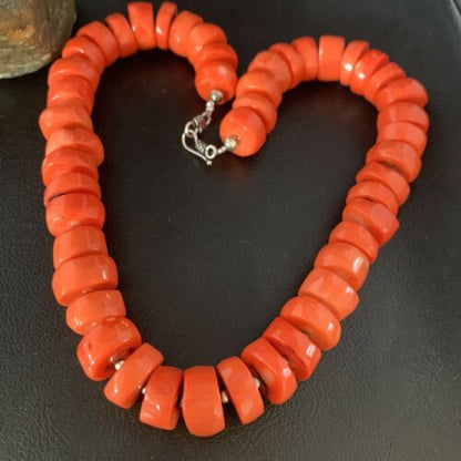 Navajo Orange Bamboo Coral Bead Necklace | 16mm | Sterling Silver | 17" | Authentic Native American Handmade | 13524
