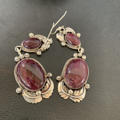 Navajo Purple Spiny Oyster Dangle Earrings | Sterling Silver | Authentic Native American Handmade | 12179