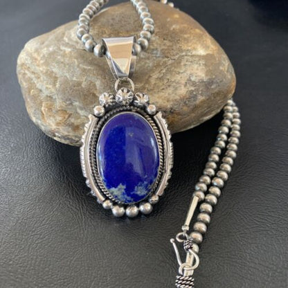 Native American Navajo Blue Lapis Pendant Necklace | Sterling Silver | Authentic Handmade | 11679 - Masha USA