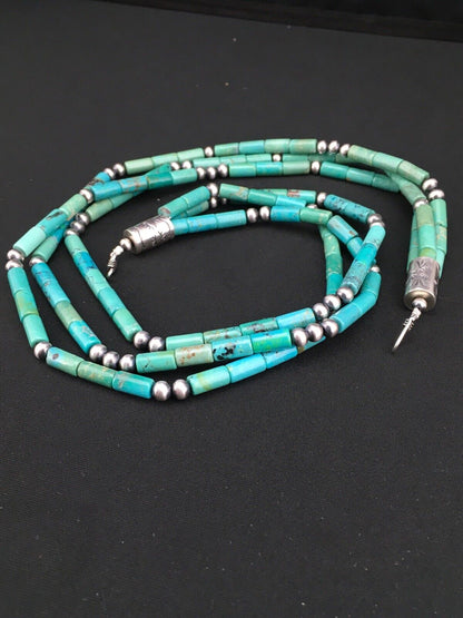 Navajo Turquoise Tube Bead Necklace | 3 Strand | Sterling Silver | 22" | Authentic Native American Handmade | 4790