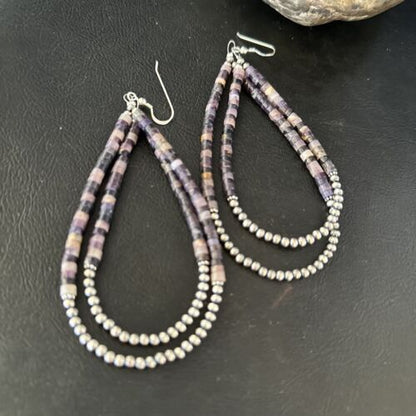 Native American Sugilite Heishi Bead Earrings | Sterling Silver | 4" | 14316