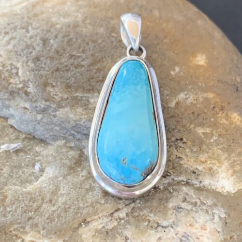 Navajo Blue Bisbee Turquoise Pendant | Sterling Silver | 1" | Authentic Native American Handmade | 1628