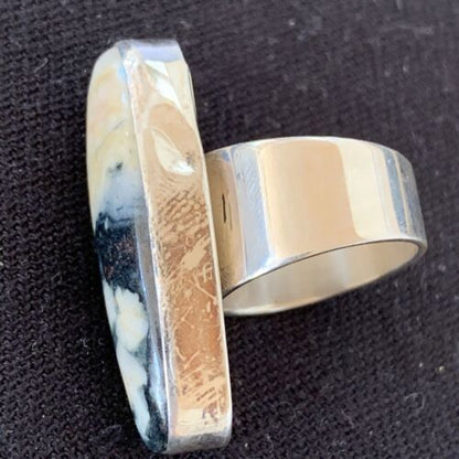 Southwestern Navajo Cinnabrite Ring | White Black | Sterling Silver | Sz 6.5 | 01549