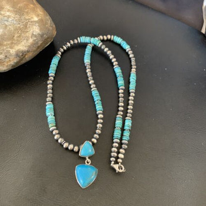 Navajo Pearl Necklace with Blue Cluster Turquoise Multi-Stone Pendant | Authentic Native American Sterling Silver | 12549