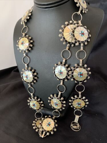 Zuni Old Pawn Sun Face Inlay Concho Belt | Sterling Silver | Native American Handmade | 40" | 12109