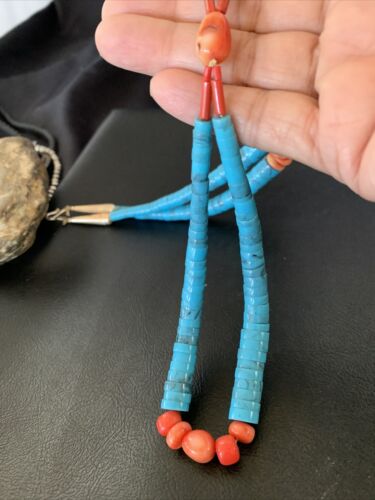 Southwestern Santo Domingo Pink Coral Blue Turquoise Jacla Necklace | 20" | Authentic Native American Handmade | 12515