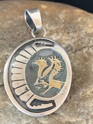 Native American Gold Bald Eagle Pendant | Hopi Stamped Sterling Silver | Handmade | 1399
