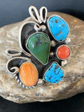 Native American Navajo Sterling Silver Ring | Blue Turquoise & Spiny Oyster | Multi-Stone | Sz 9.5 | 02160