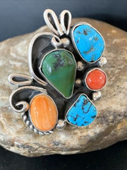Native American Navajo Sterling Silver Ring | Blue Turquoise & Spiny Oyster | Multi-Stone | Sz 9.5 | 02160