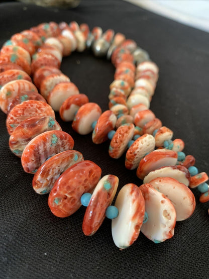 Navajo Red Spiny Oyster & Turquoise Necklace | Sterling Silver Graduated Navajo Pearls | Authentic Native American | 28" | 00912