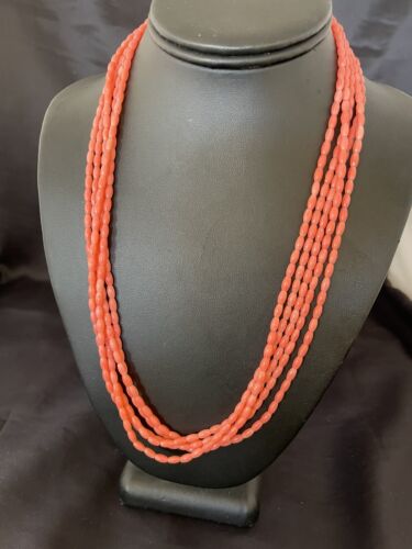 Navajo Pink Coral 5-Strand Necklace | Sterling Silver Barrel Beads | 22" | Authentic Native American | 10436