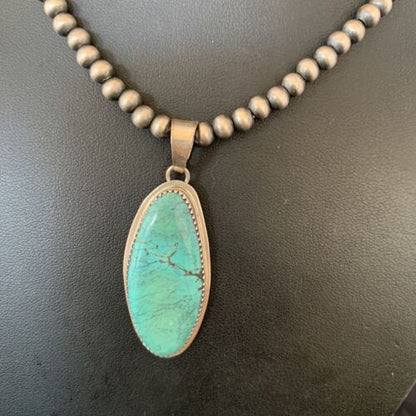 Navajo Pearl Necklace with Blue Spiderweb Turquoise Pendant | Sterling Silver | 13257