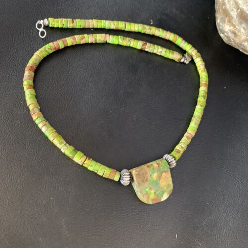 Navajo Green Gaspeite Turquoise Pendant | Sterling Silver | Authentic Native American Handmade | 13940