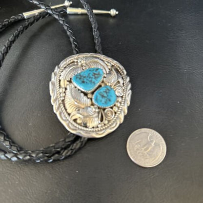 Native American Men's Bolo Tie | Blue Kingman Turquoise | Sterling Silver | Navajo Handmade | 14280