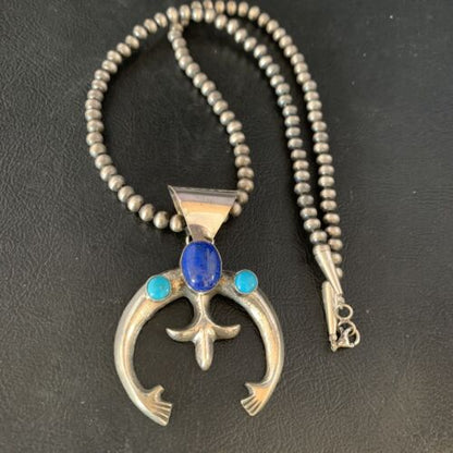 Navajo Blue Lapis Turquoise Pendant Necklace | Authentic Native American Sterling Silver | Naja | 13631
